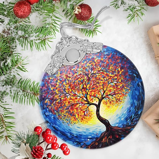 Stained Glass Suncatcher Ornament - Tree of Life Christmas Decorations - Christmas Ornaments for Tree - Holiday Present Ideas - Gift Exchange