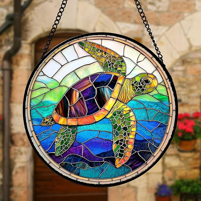 Stained Glass Window Hanging, Colored Turtle Ocean Suncatcher Diamond Glass Panel Hangings Marine Life Sun Catchers Decor for Birthday for Women, Men, Wife, Aunt, Mom 15x15 in
