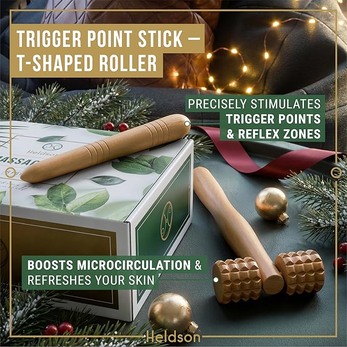 HELDSON® Wooden Therapy Massage Tools [6 Pieces] - Wood Rollers for Body Sculpting - Lymphatic Drainage Massager - Cellulite Tool - Maderoterapia Kit - Back Rolling Stick - Wellness Gifts Women, Men