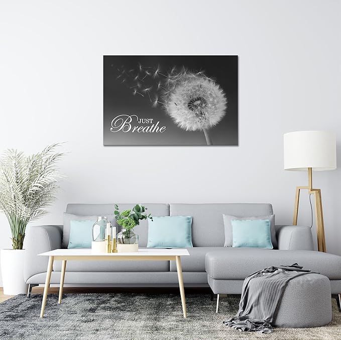 SKASNFAI Just Breathe Wall Art Zen Office Wall Decor Inspirational Yoga Quotes Positive Relax Artwork Picture Black and White Dandelion Posters Print for Meditation Room (12L x 16W)