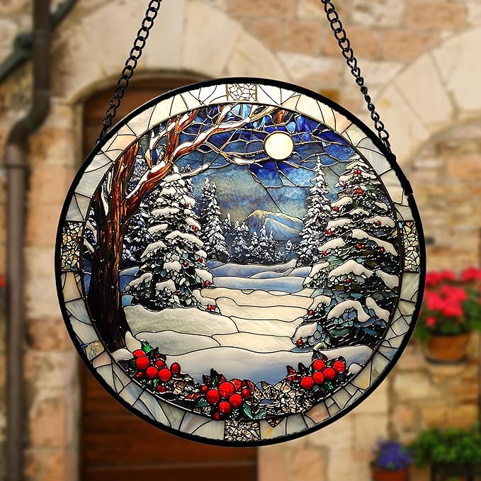 Stained Glass Window Hanging Christmas Tree Winter Snow Night Scenery Large 11.8" - Suncatcher Door Garden Kitchen Sun Catcher Home Decor Birthday for Mom Men Woman Friend