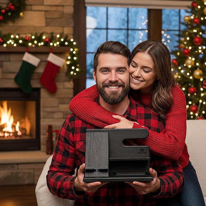 TESLYAR Wood Phone Docking Station for Men - Desktop or Nightstand Organizer - Birthday Gifts for Men, Dad - Anniversary Idea from Wife - Key Holder, Stand Wallet, Watch & Essentials (Black)