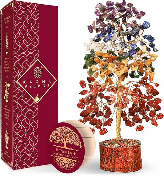 KARMAPLEDGE 7 Chakra Healing Crystal Tree of Life with Manifestation Card, Handmade Golden Wire Crystal Tree for Good Luck, Positive Energy, Wealth, Reiki Healing, and Decor, Gift for Women and Mom