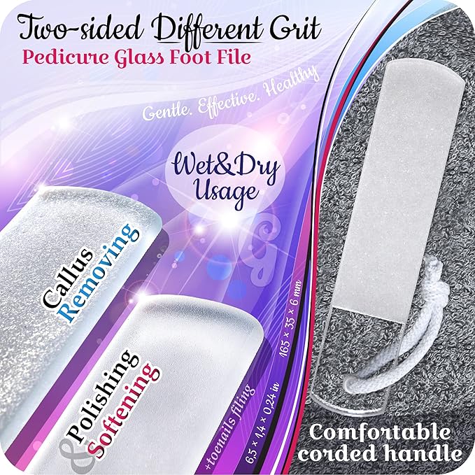 Genuine Czech Glass Foot File - Two-Sided Different Grit Surface, Gentle Callus Remover, Pedicure & Spa Rough Skin Scrubber, Professional Toenail and Heels Care, EU Quality, Large Size