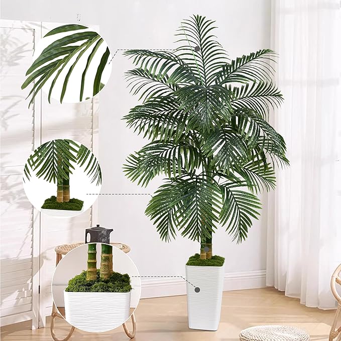 Artificial Palm Tree Indoor Plant Tall Fake Tropical Palm Tree in Pot with Real Bark Design Faux Areca Palm Tree for Home Office Living Room Bedroom Farmhouse Modern Outdoor Decor (21 Leaves 6 FT)