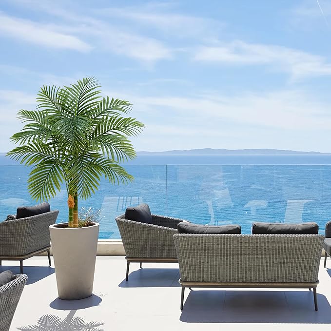 Artificial Golden Cane Palm Tree 5FT, Fake Palm Tree with Three Realistic Trunks and Lifelike Palm Leaves, Faux Palm Plant for Indoor Home Décor with Black Planter