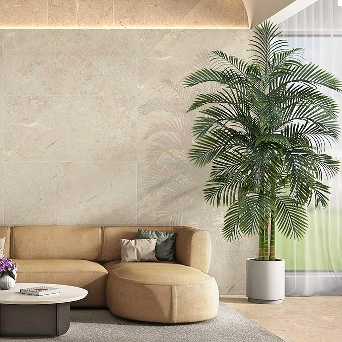 Artificial Golden Cane Palm Tree 7FT, Fake Palm Tree with Three Realistic Trunks and Lifelike Palm Leaves, Faux Palm Plant for Indoor Home Décor with Black Planter