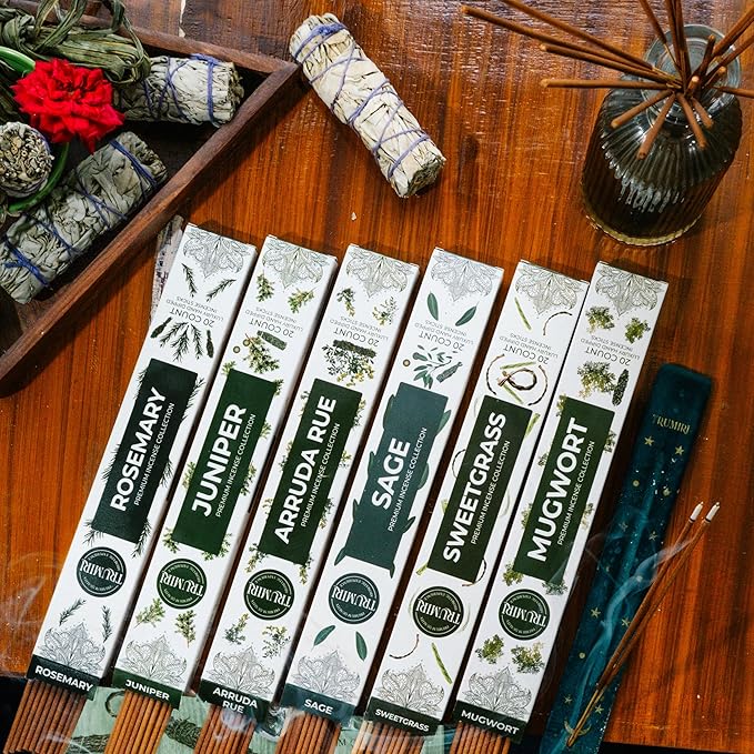 Trumiri Incense Sticks for Smudge Kit - Total 120 Insence-Sticks (20 Insense x 6 Incents) - Inciensos Aromaticos para Malas Energias Inscents-Sticks with Sage Sweetgrass for Smudging + Incense Holder