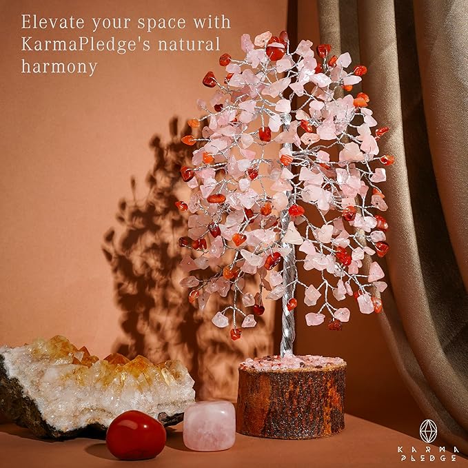 KARMAPLEDGE Healing Crystals Chakra Tree of Life for Positive Energy & Protection & Good Luck, Money, Feng Shui Decor for Home and Office Desk Decoration, Spiritual Gifts (Rose, Carnelian Dual Beads)