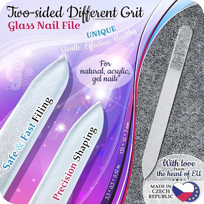 GLADZY Genuine Czech Glass Nail File Set - Callus Remover Foot Rasp, Double Sided Different Grit Surface, Professional Manicure and Pedicure Tools for Natural Nails, Nail Shaper, Ethically Made in EU