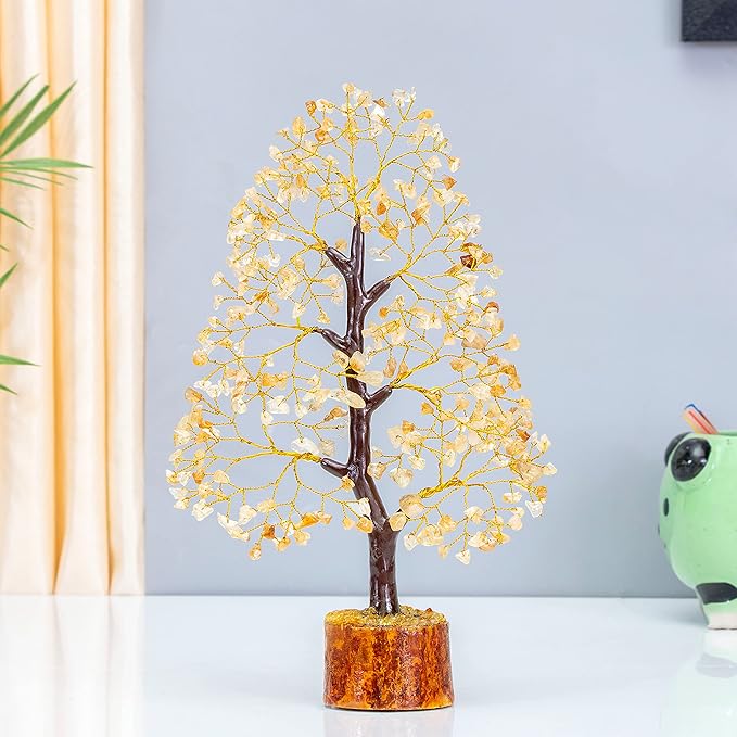 Crocon Citrine Gemstone Tree Feng Shui Figurine Money Bonsai Chakra Balancing Good Luck Prosperity Reiki Healing Crystals Decoration Ornament Sculpture Table Decor Gift Size 10-12"""