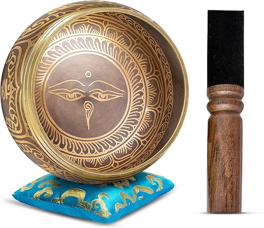 Tibetan Singing Bowl Set - Easy To Play Authentic Handcrafted For Meditation Sound Chakra Yoga Healing 4 Inches By Himalayan Bazaar (Gold & Turquoise)