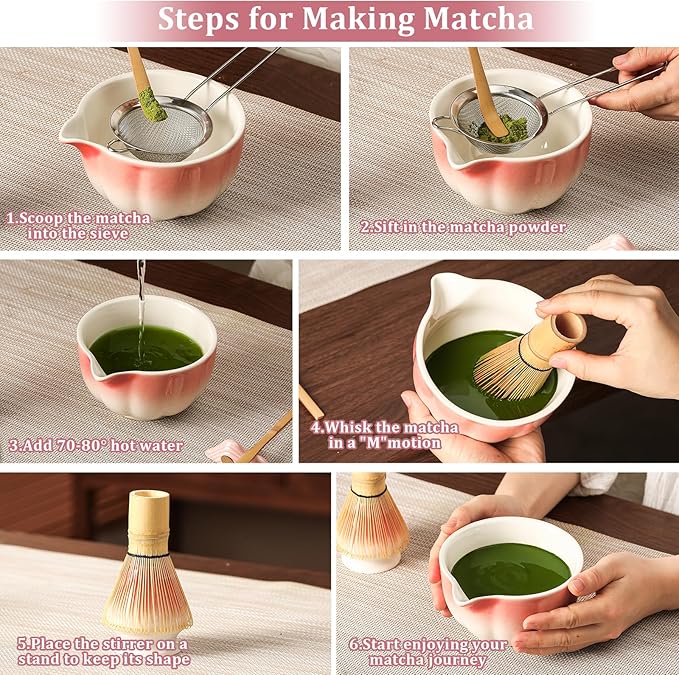 Matcha Whisk Set, 7-Pack Peach Pink Matcha Set - Include Ceramic Petal Matcha Bowl with Spout, Bamboo Whisk, Chasen Holder, Sifter, Scoop, Tea Towel, Scoop Rest - Matcha Making Kit for Tea Lover