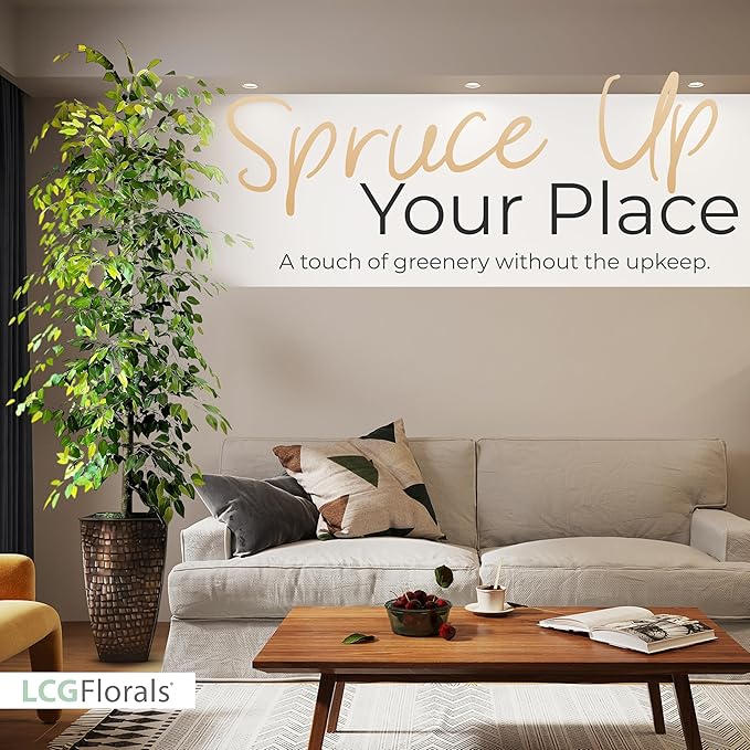 Artificial Ficus Tree in Copper Metal Pot - Real Wood Trunk, Preassembled, No Maintenance Indoor Faux Plant - Living Room, Home & Office Decor (8ft Tall)