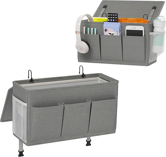 Dual-purpose Bedside Caddy Bedside Organizer, Bed Caddy with 6 Pockets, Versatile Bedside Storage Solution Magazine Remotes holder, ideal for Home, Dorm, Hospital, Crib Bed (Grey 2pcs)