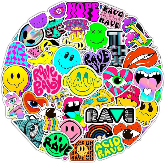 BulbaCraft Rave Stickers for Water Bottle and Laptop - Trippy Stickers, Psychedelic Party Favors & Decorations, Waterproof Vinyl Festival Decals, Gifts for Women & Men