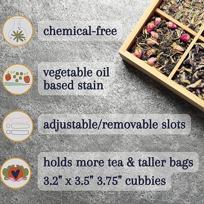 Tea Organizer Box 7.4" x 8.1" x 4.2" Bamboo Wood Organizer Storage Chest 4 Tall Adjustable Slots 100% Handmade Eco-Friendly Natural Kitchen Décor